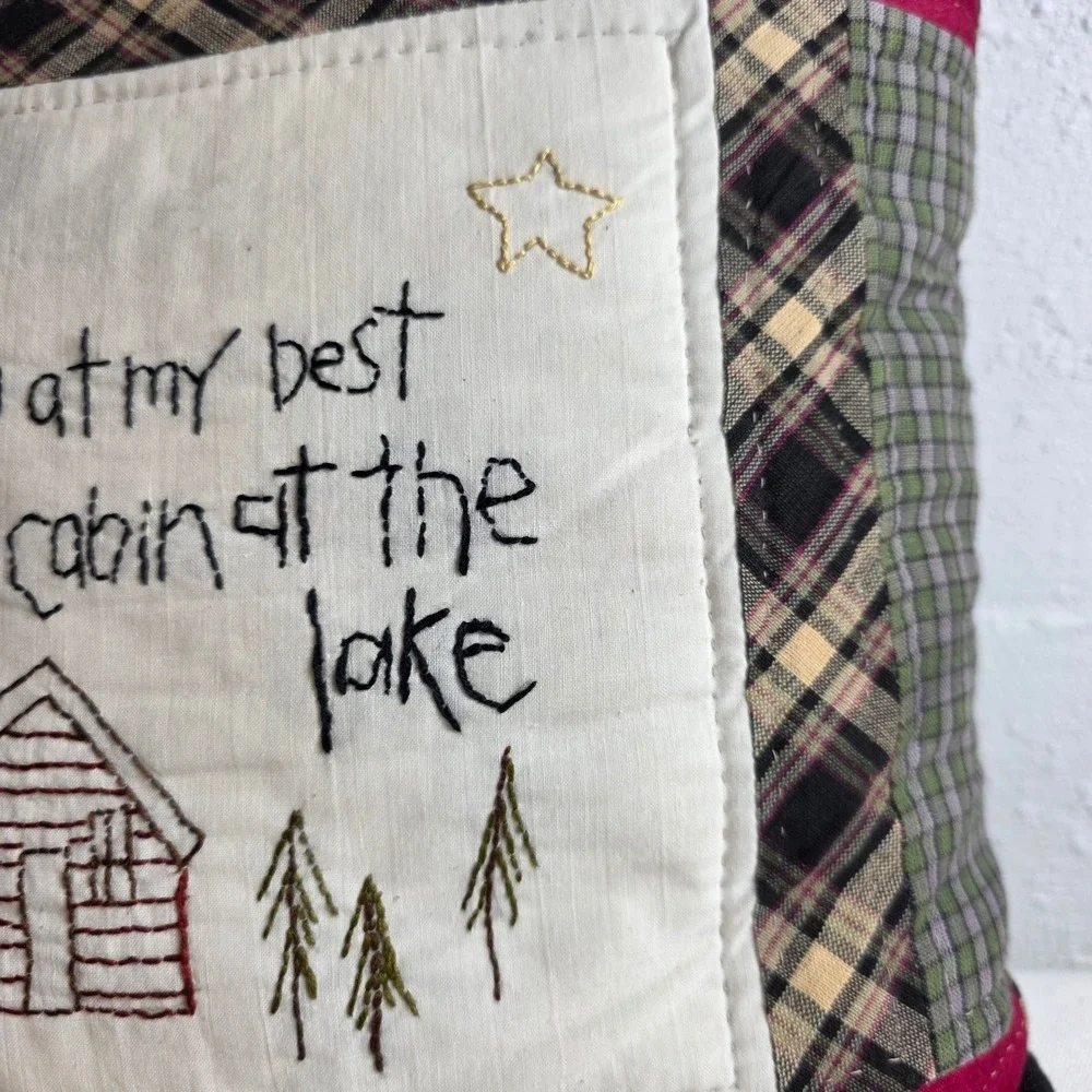 Hand Embroidered Patchwork Plaid Decorative Pillow Rustic Cabin at the Lake